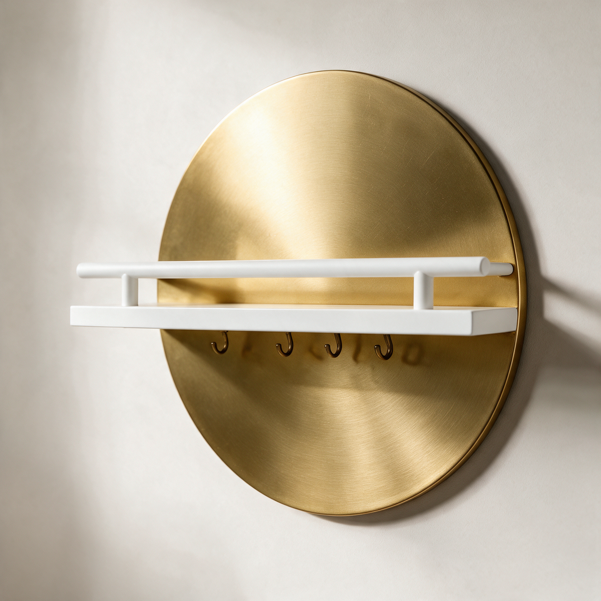 Wyre Round Wall Key Holder with Shelf — White & Gold