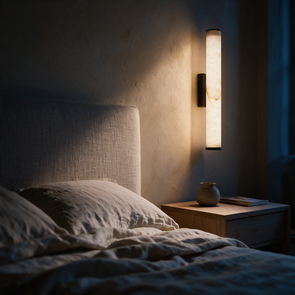 Marlow sconce as the only light source beside a linen bed at dusk