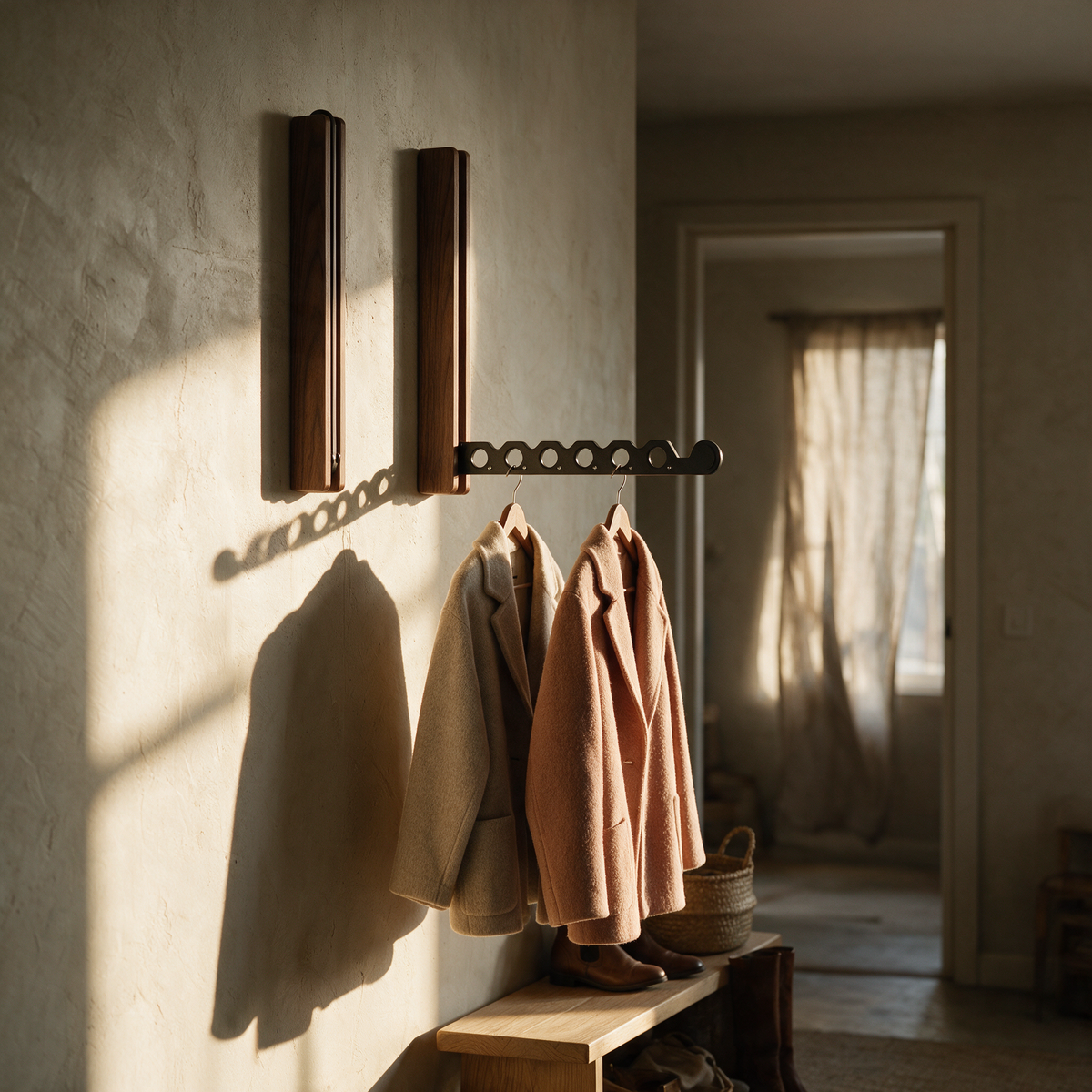 Two Harlow rails in a sunlit entryway with coats and a bench