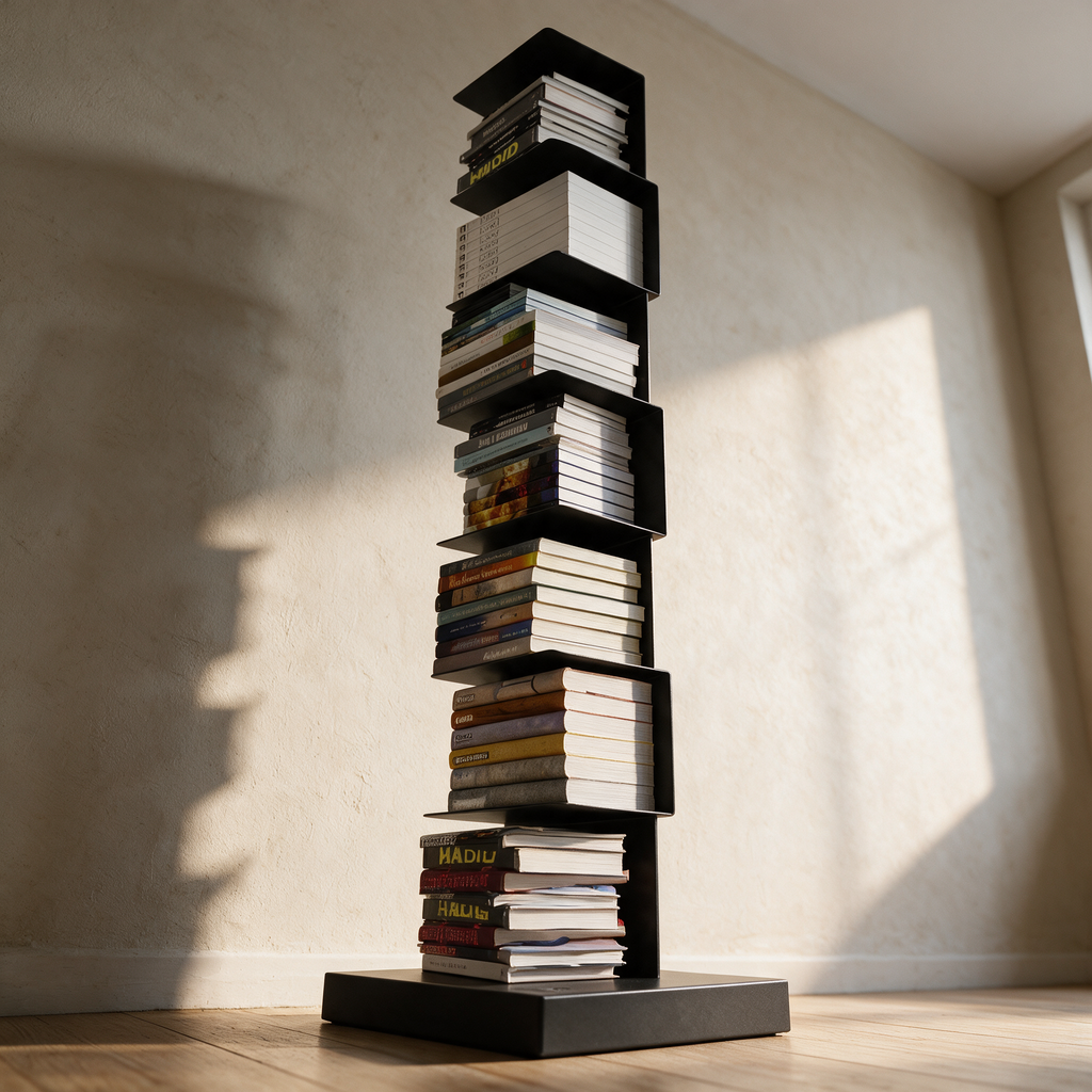 Kestrel steel column bookshelf filled with books, low angle