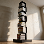 Kestrel steel column bookshelf filled with books, low angle