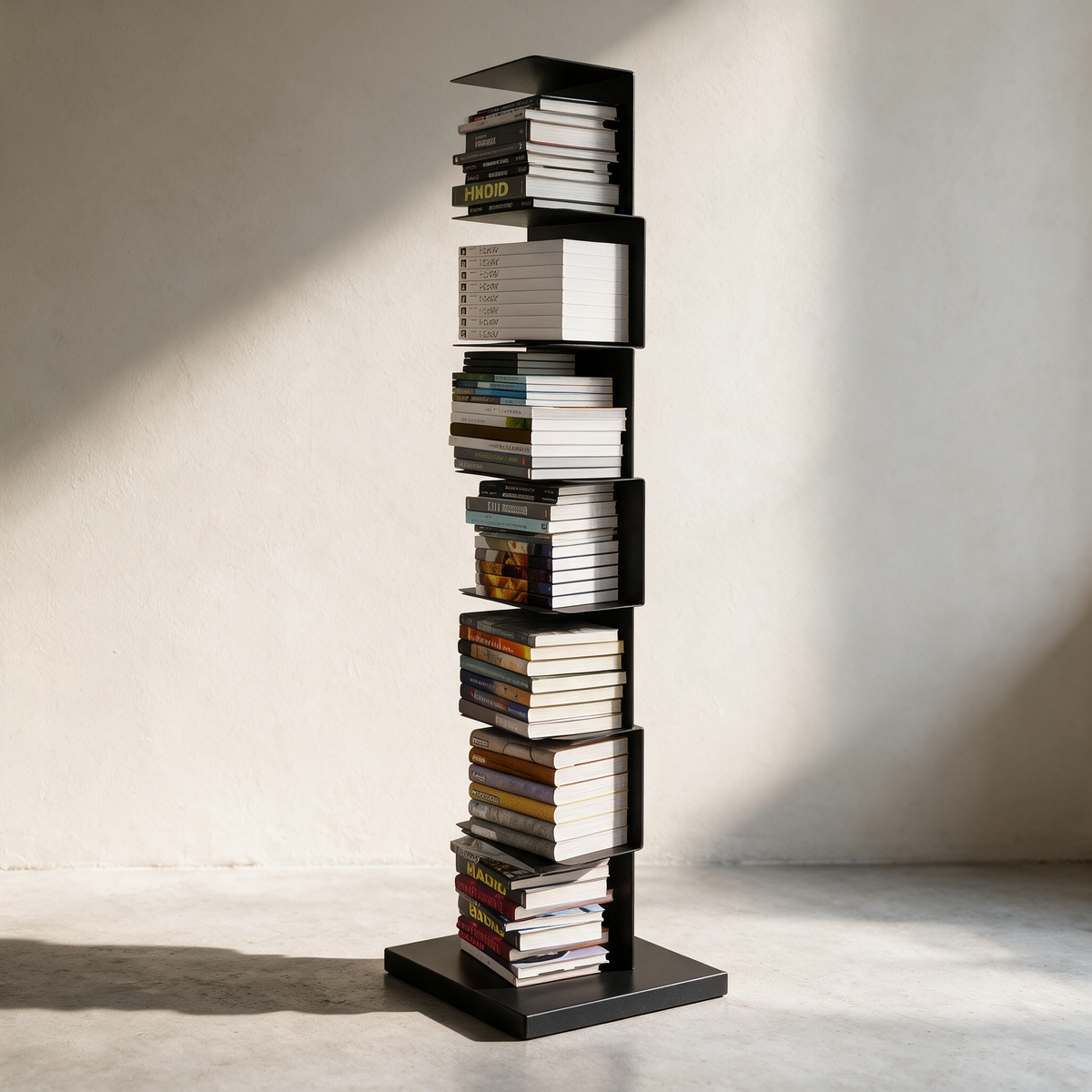 Kestrel steel column bookshelf against a warm plaster wall