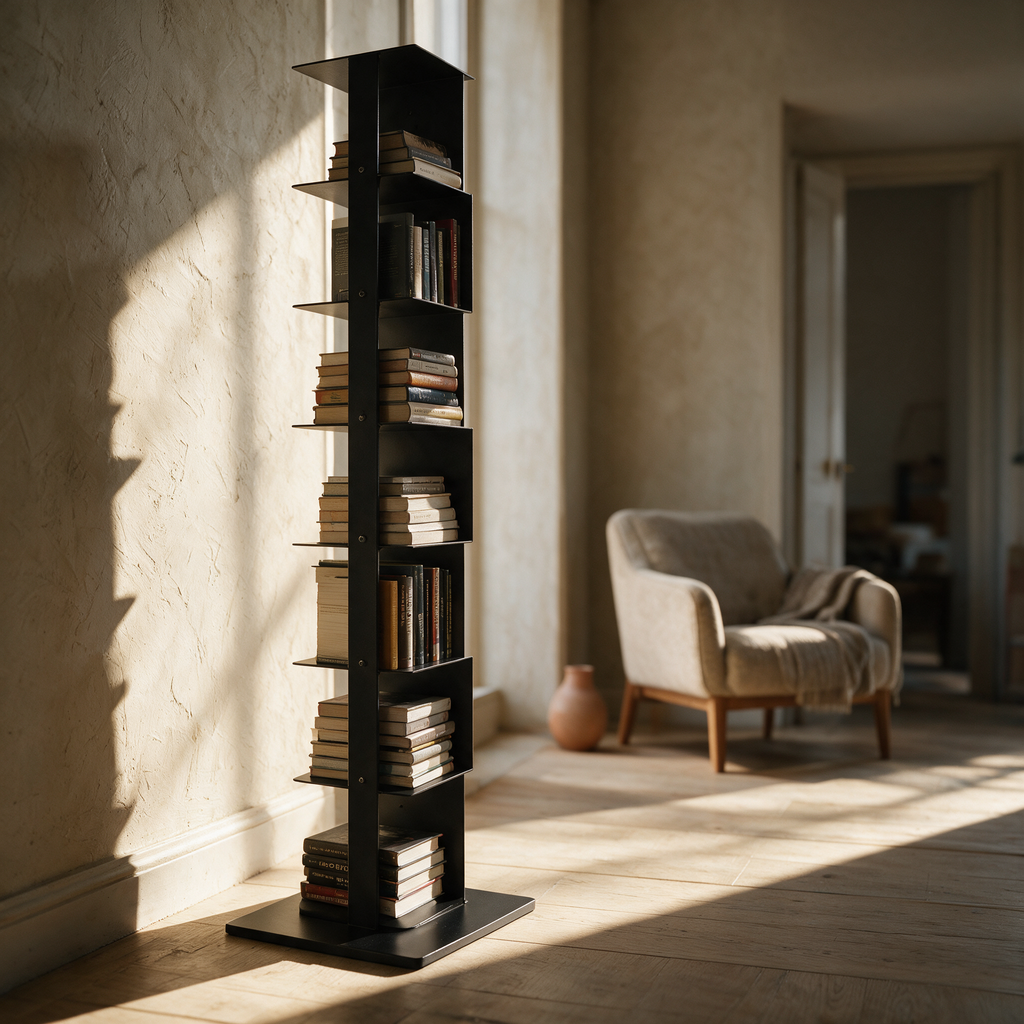 Kestrel steel column bookshelf in a sunlit reading corner