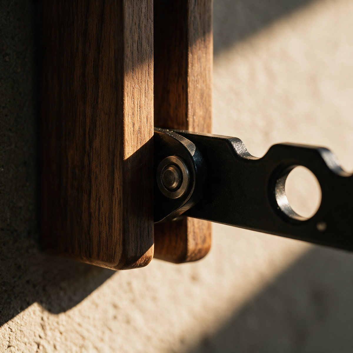 Harlow rail, close-up of the pivot hinge and walnut grain