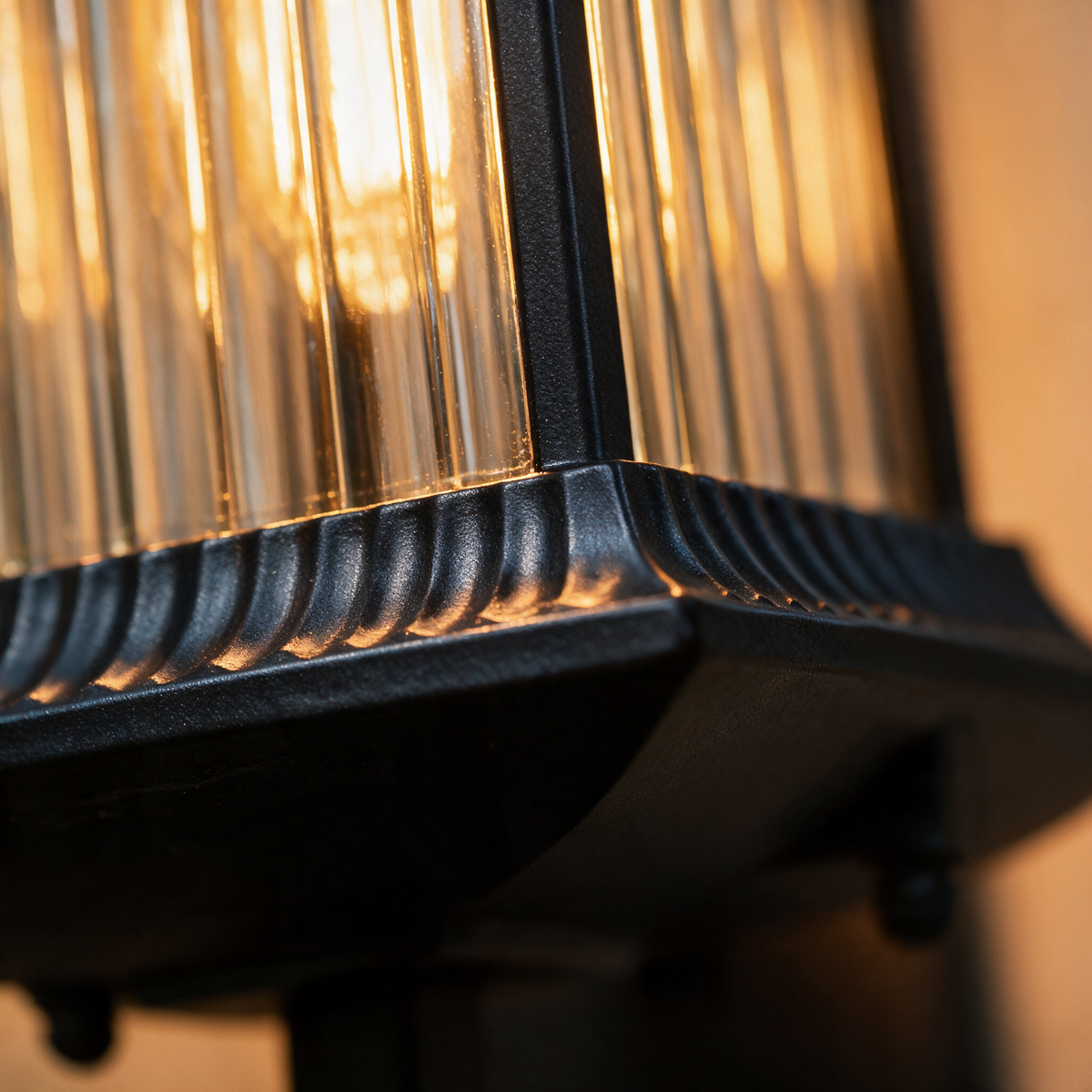 Thornbury lantern, close-up of fluted glass and cast metal corner