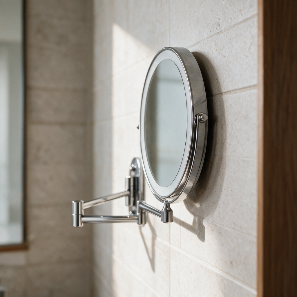 Solace swing-arm mirror folded back against the tiled wall
