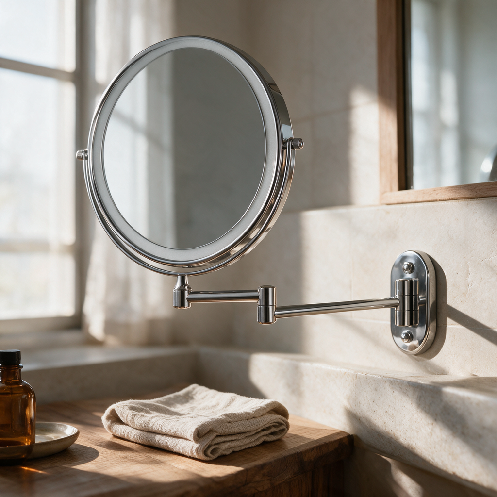 Solace swing-arm mirror extended over a stone basin in morning light