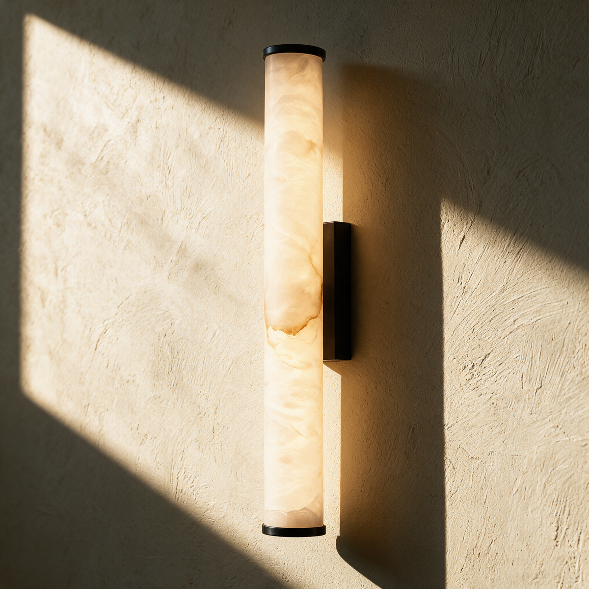 Marlow alabaster column wall sconce on textured plaster in afternoon light