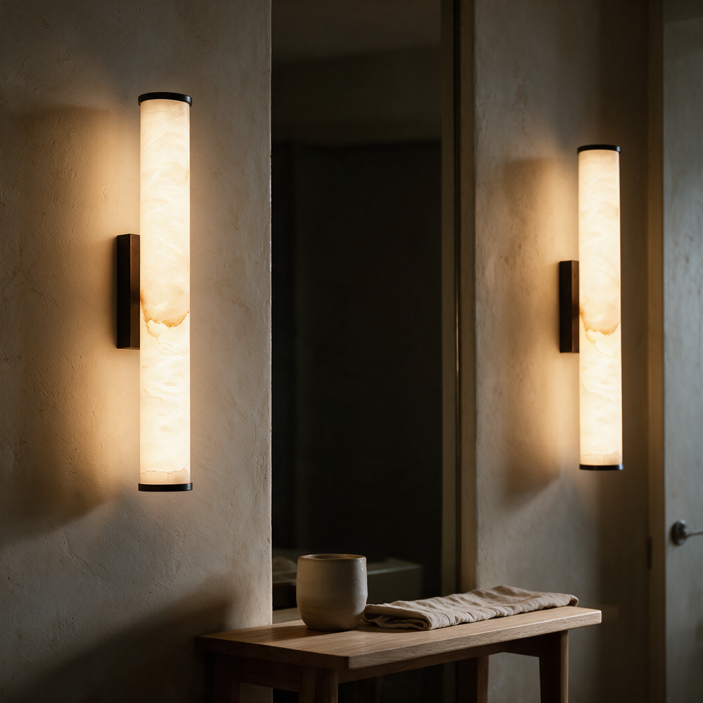 A pair of Marlow sconces lit either side of a doorway above an oak bench