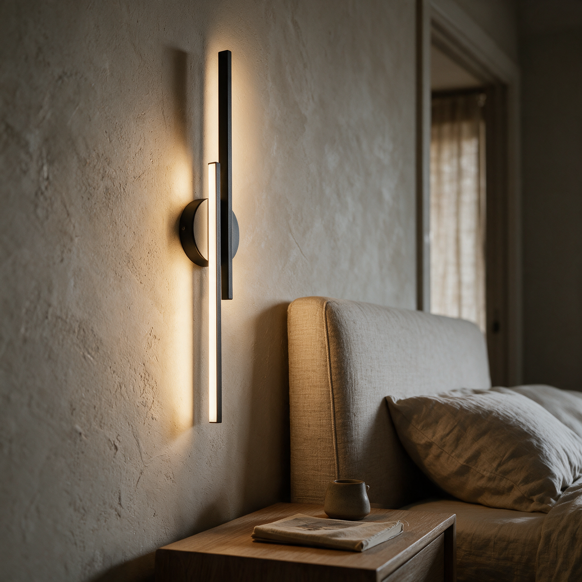 Juniper twin-bar sconce lit beside a linen bed at dusk