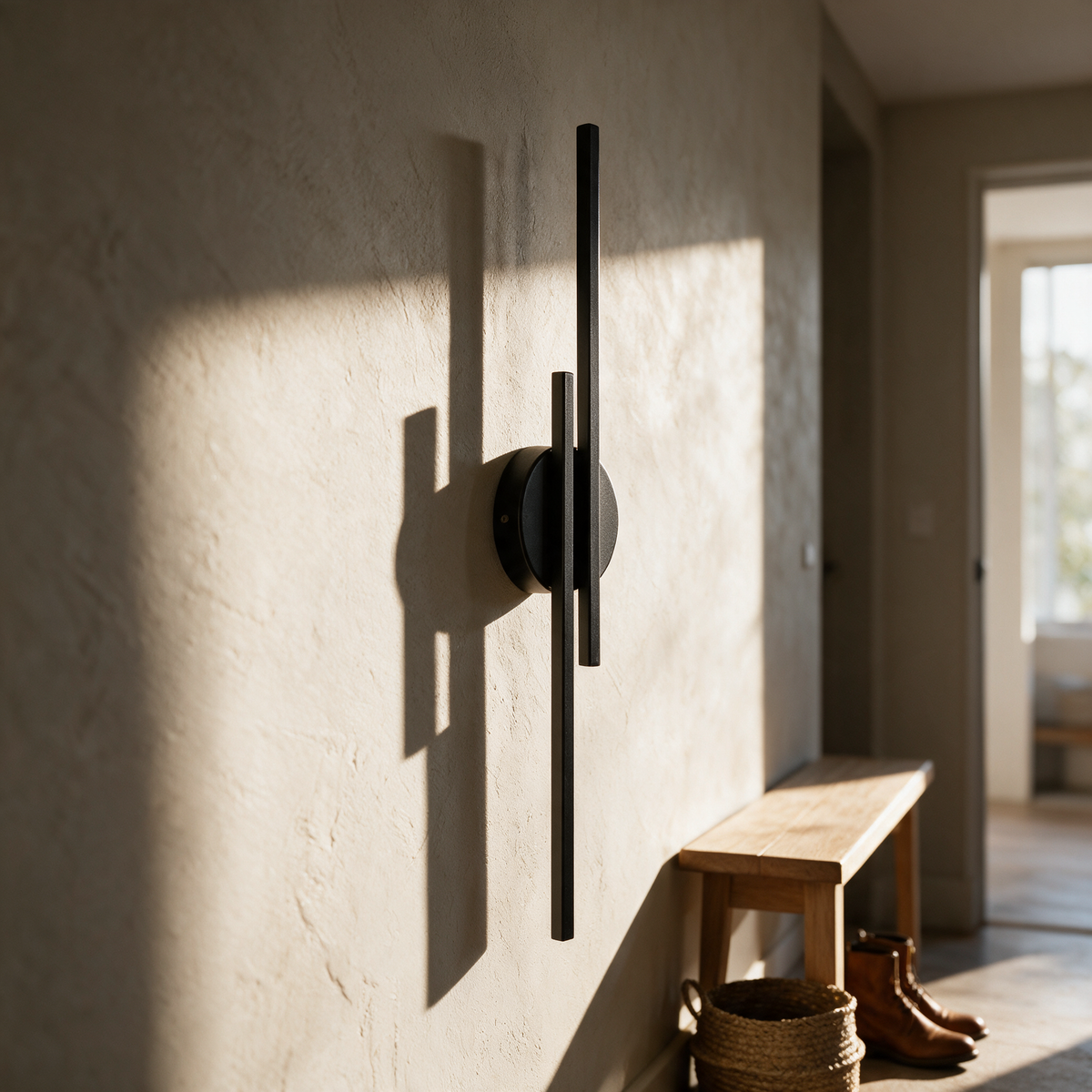 Juniper sconce unlit on a plaster hallway wall in afternoon light