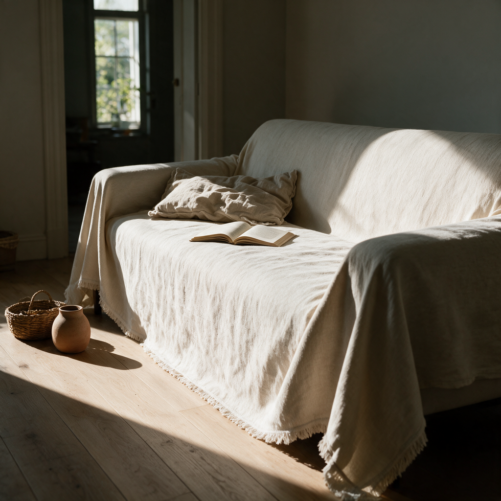 Cove woven cover draped and tucked over a three-seater sofa