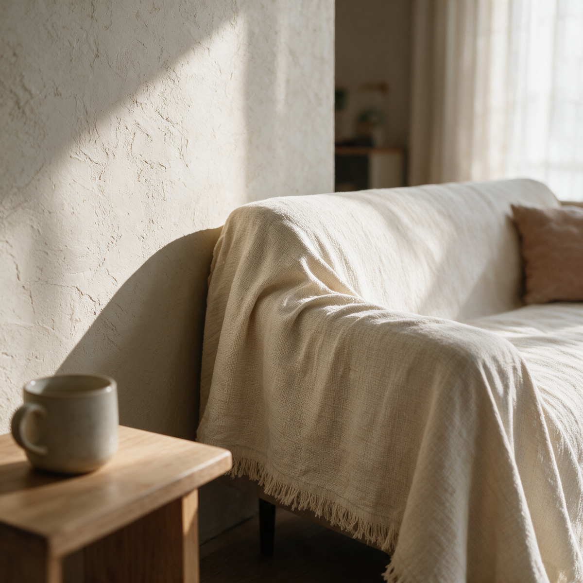 Cove cover over the corner and arm of a sofa in morning light