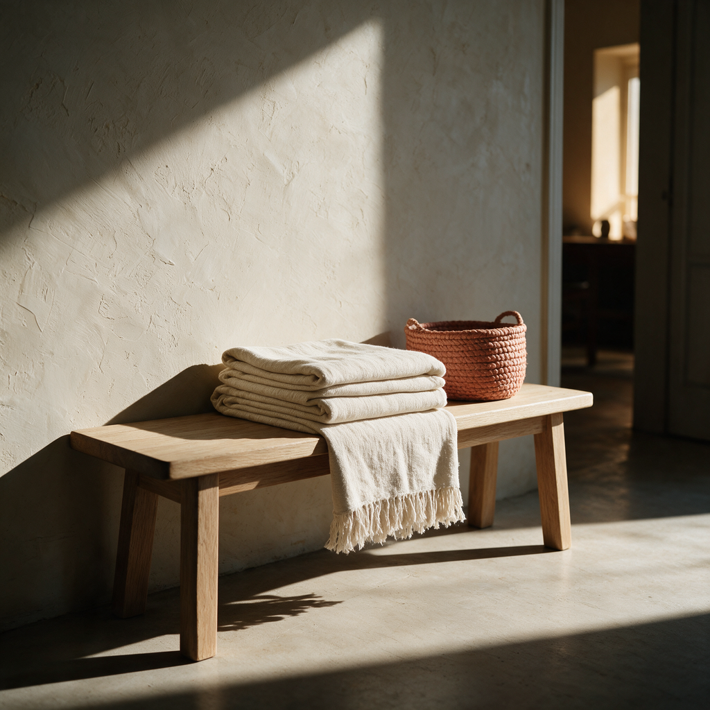 Cove cover folded on a pale oak bench