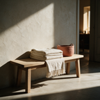 Cove cover folded on a pale oak bench