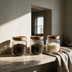 Three Orchard jars on a travertine kitchen shelf in morning light