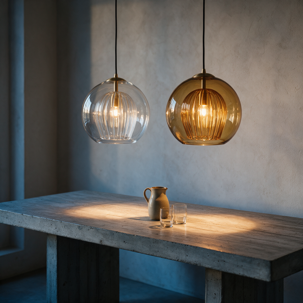 Clear and amber Bramble pendants hung side by side
