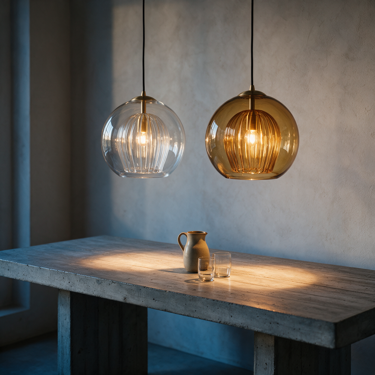 Clear and amber Bramble pendants hung side by side