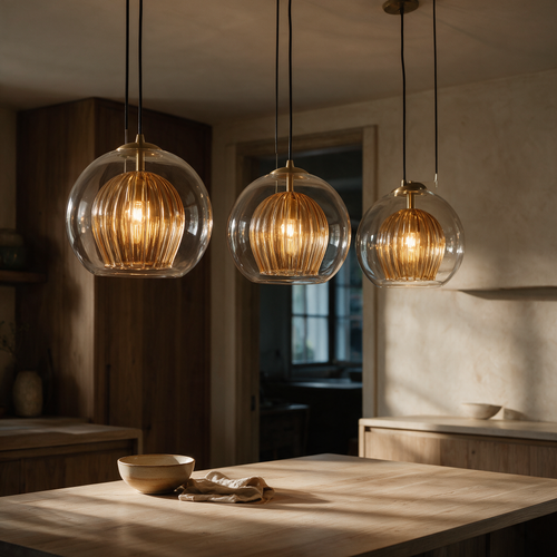 Three Bramble amber pendants hung in a row above a kitchen island