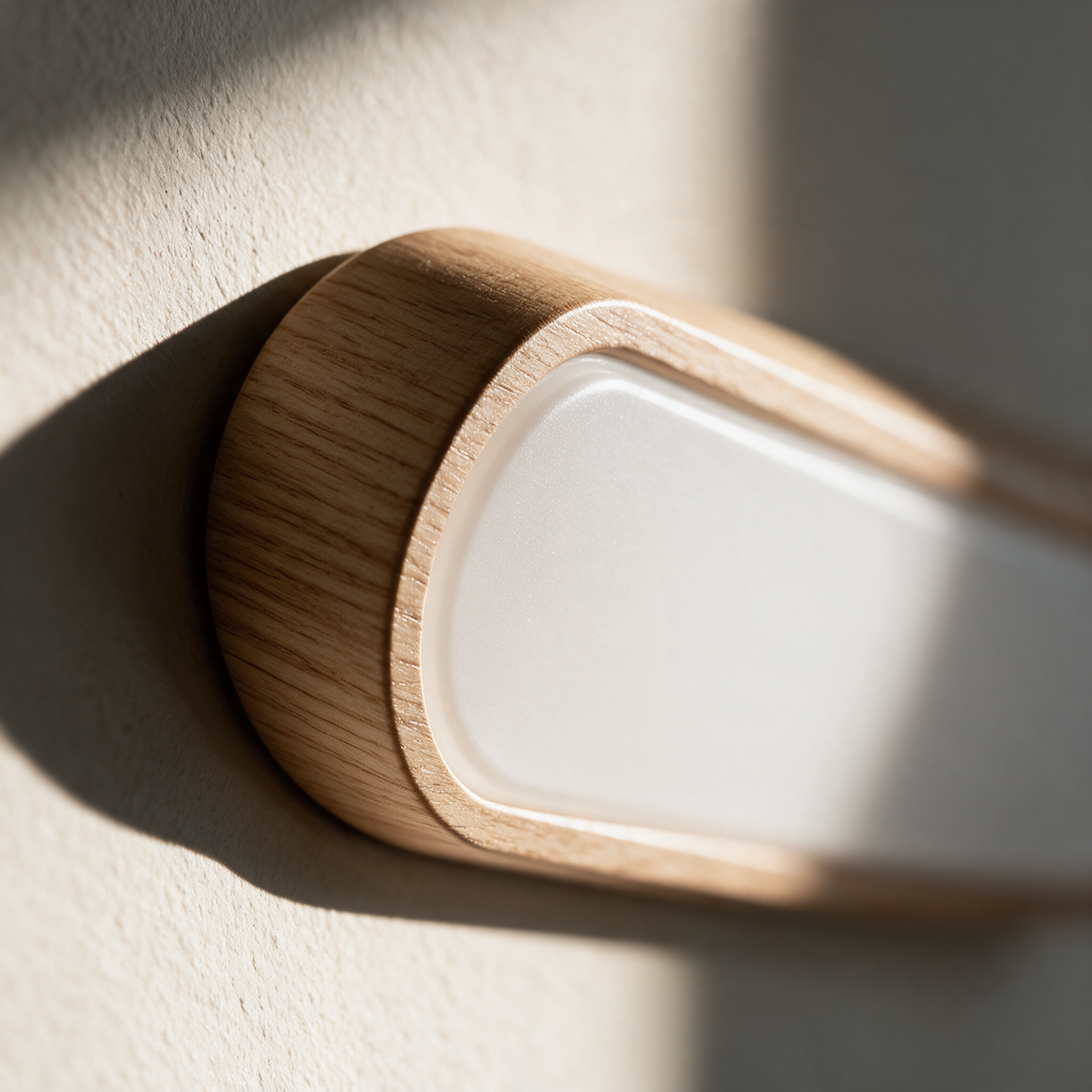 Close-up of the oak frame meeting the frosted diffuser