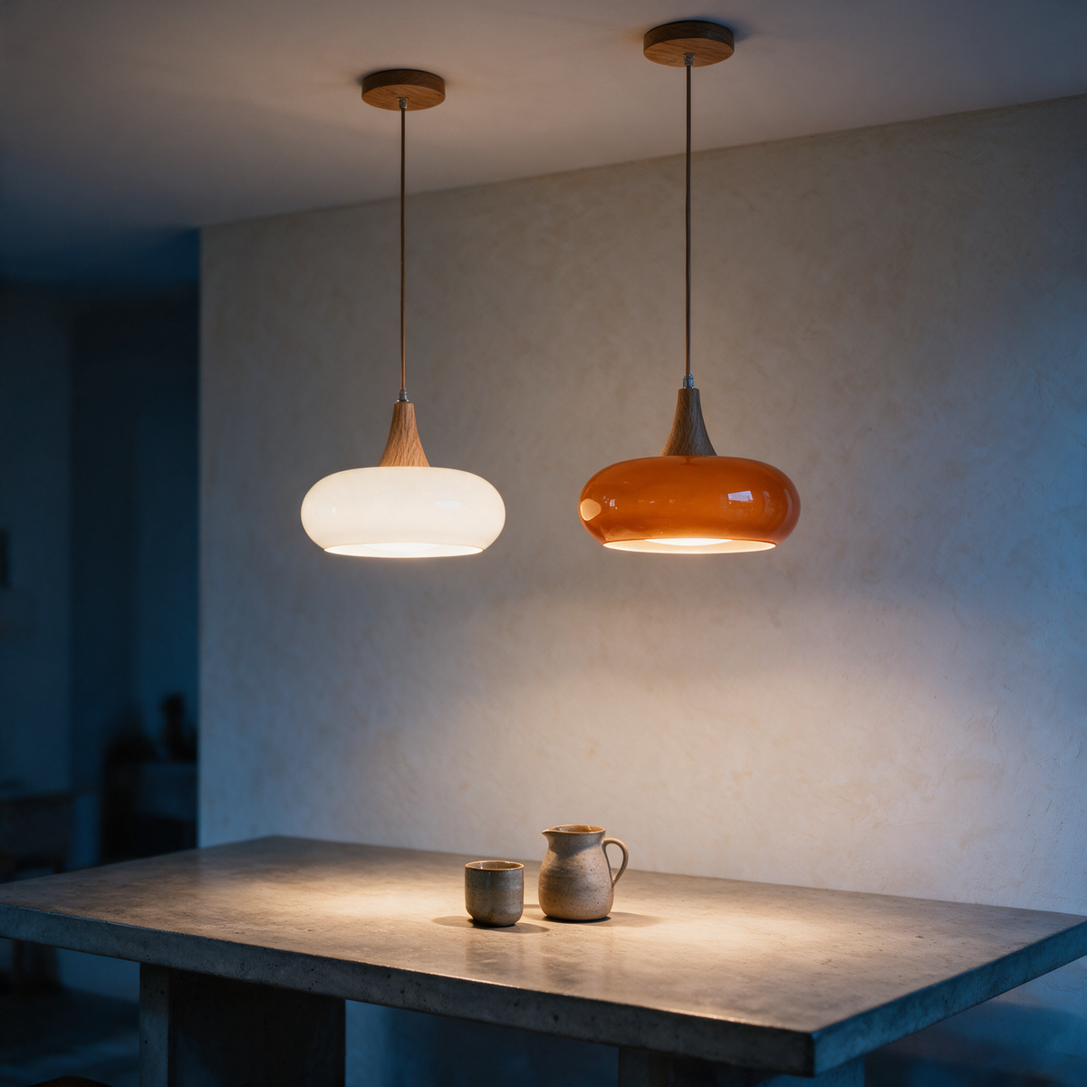 White and orange Rowan pendants side by side over a dining table