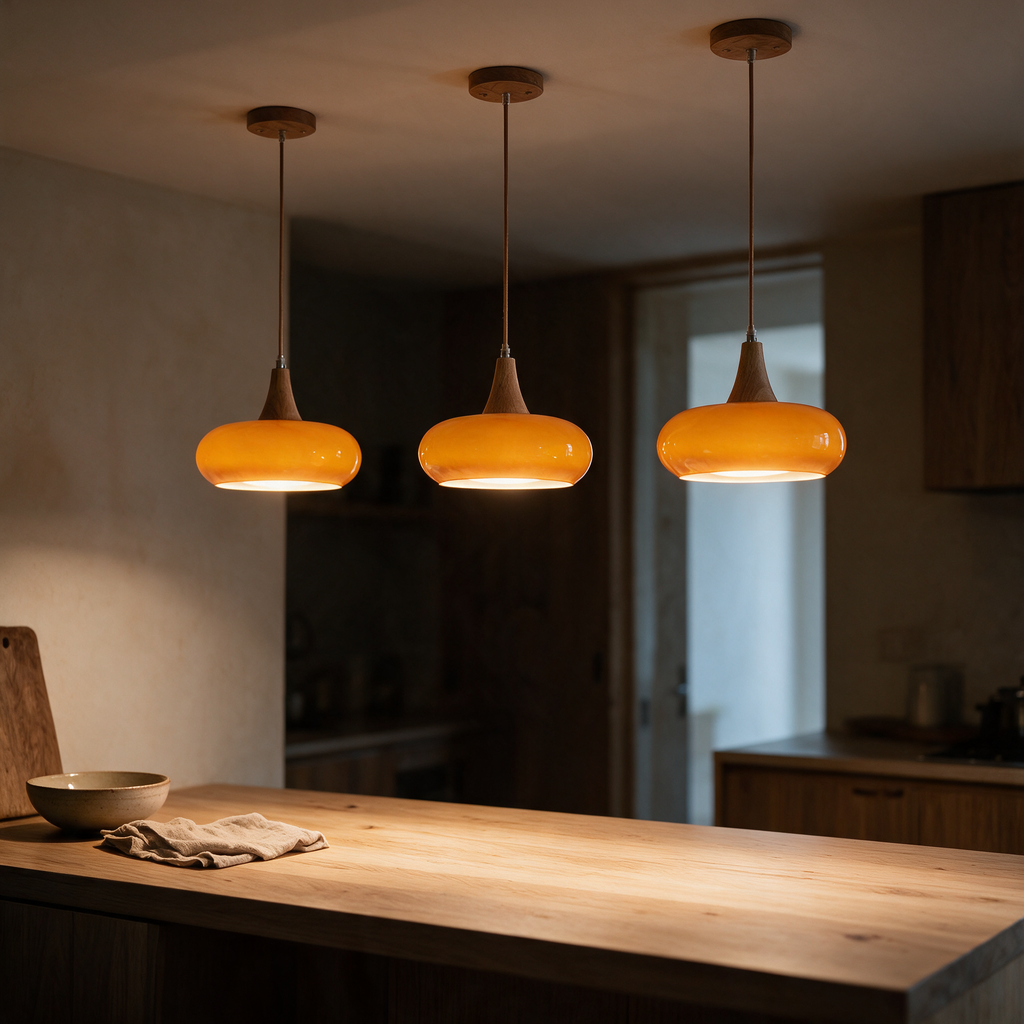 Three Rowan pendants hung in a row, each on its own timber canopy