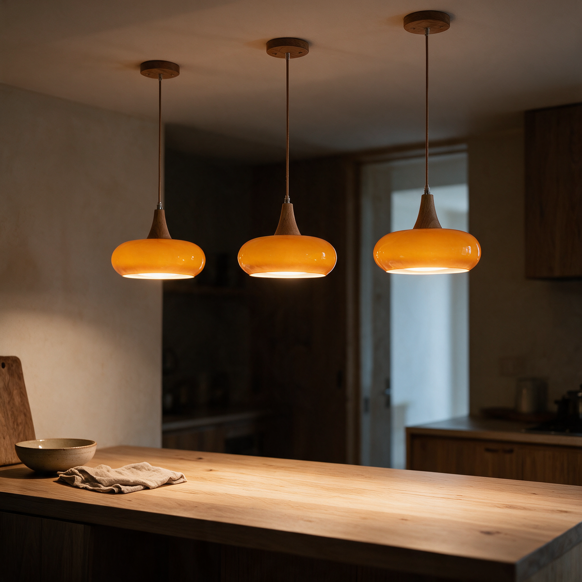 Three Rowan pendants hung in a row, each on its own timber canopy