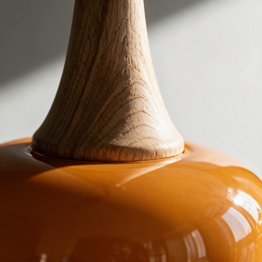 Close-up of the turned timber collar meeting the glass shade