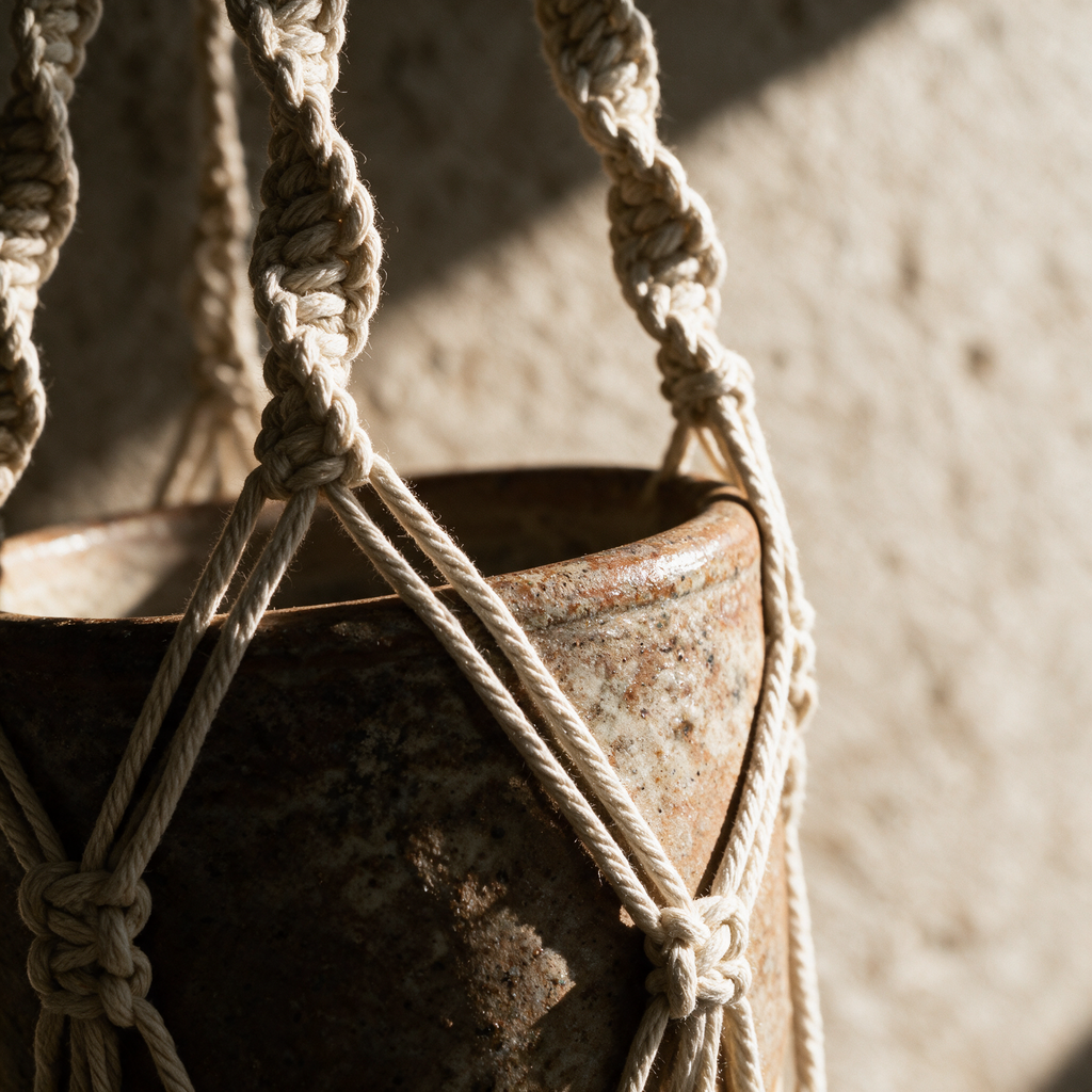 Close-up of the knotted cradle holding the terracotta pot