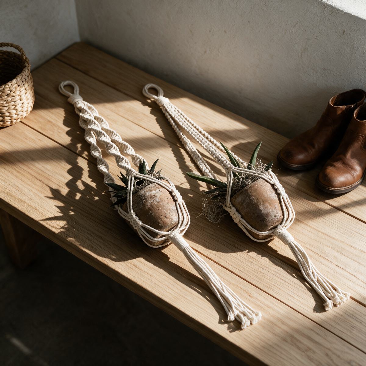 Wren hangers laid out on an oak bench showing the knot pattern