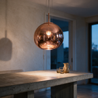 A single Ember sphere above a concrete dining table at dusk