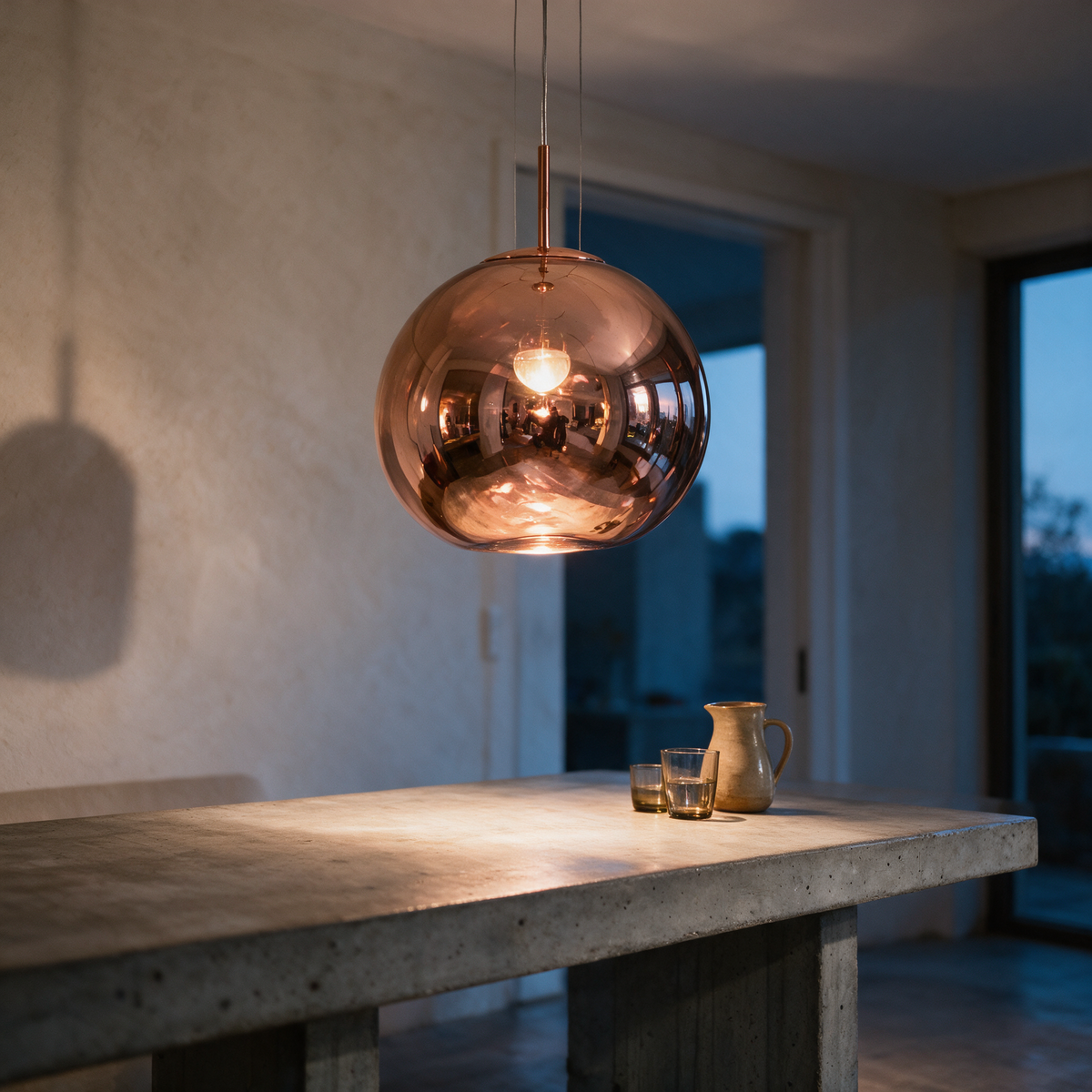 A single Ember sphere above a concrete dining table at dusk