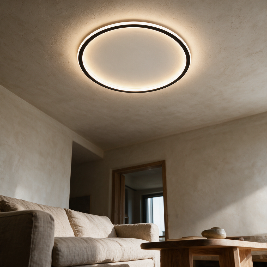 Halo ceiling light lit above a living room