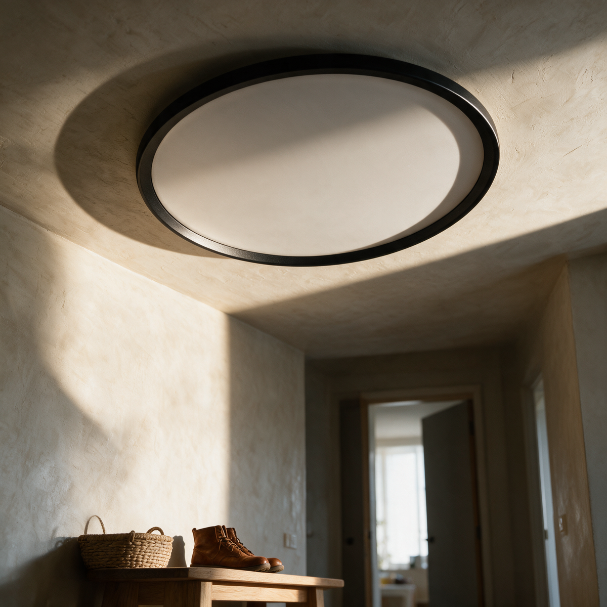 Halo ceiling light unlit in a hallway in afternoon light