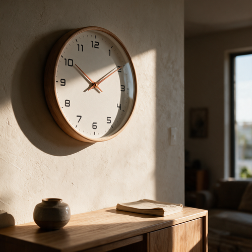 Alcott wall clock on a plaster wall in afternoon light
