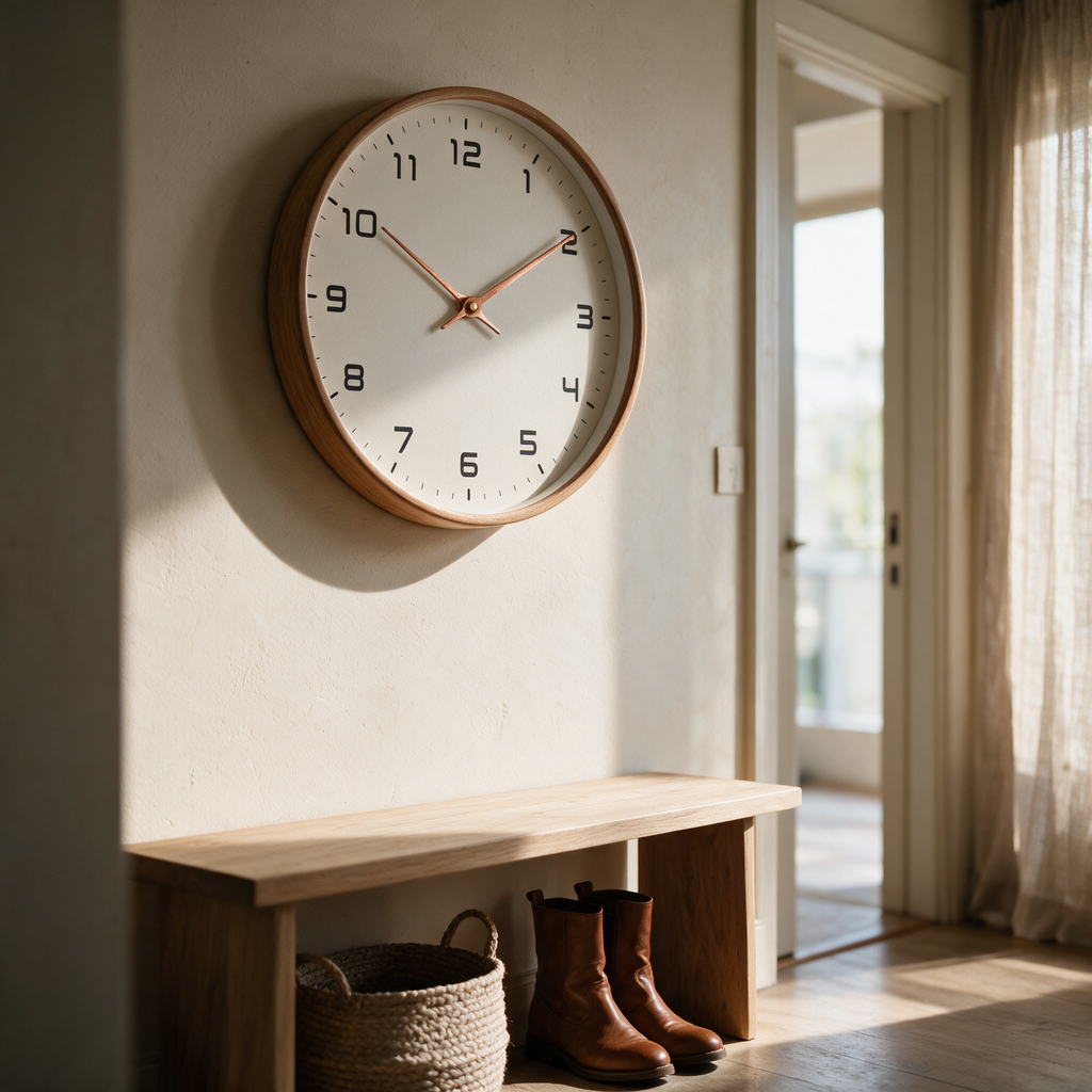 Alcott wall clock above a hallway bench