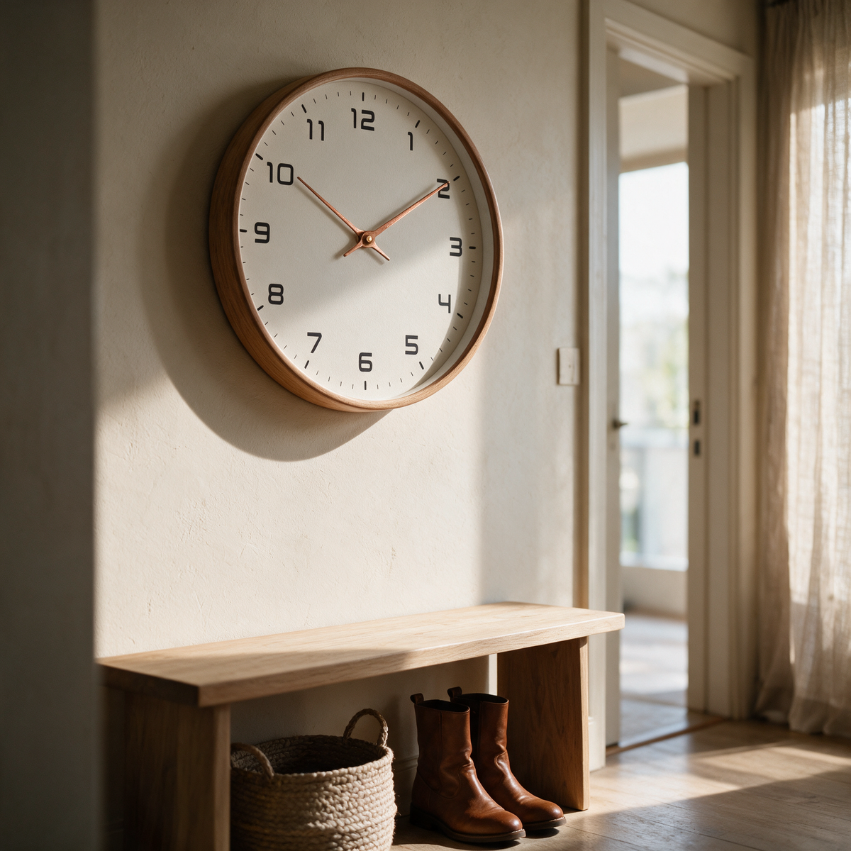 Alcott wall clock above a hallway bench