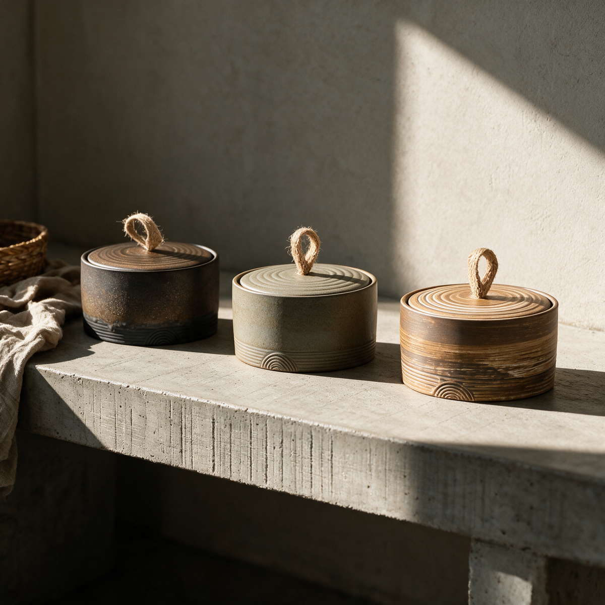 The three Selby finishes together on a concrete bench