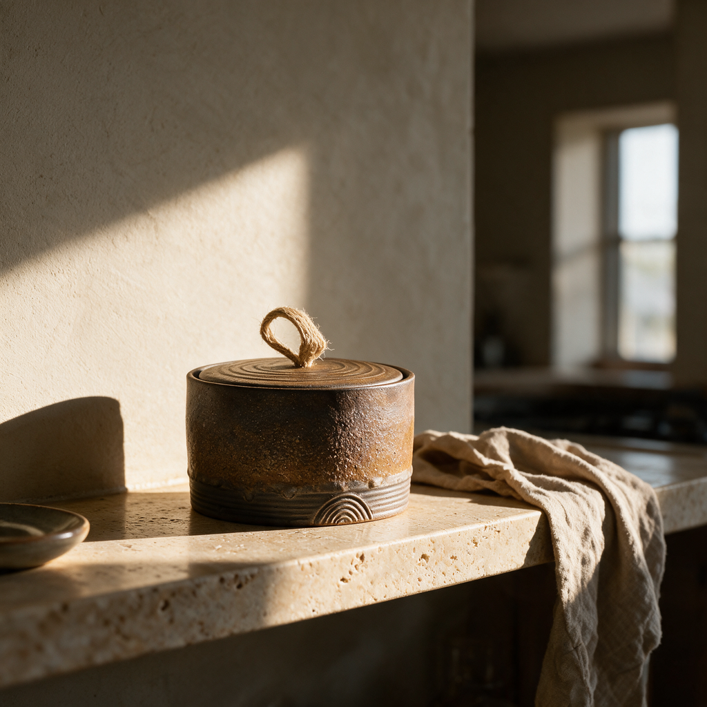 Selby stoneware jar on a travertine shelf in afternoon light