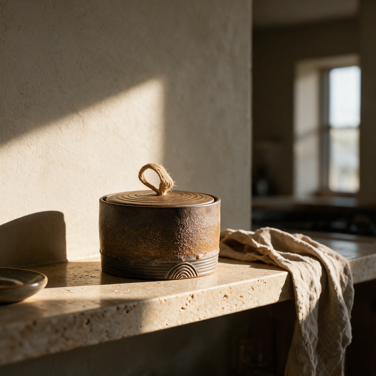 Selby stoneware jar on a travertine shelf in afternoon light