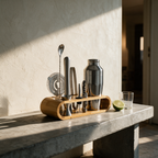 Quarry cocktail set standing in its bamboo stand on a kitchen bench