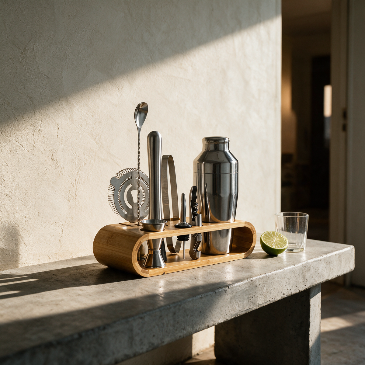 Quarry cocktail set standing in its bamboo stand on a kitchen bench