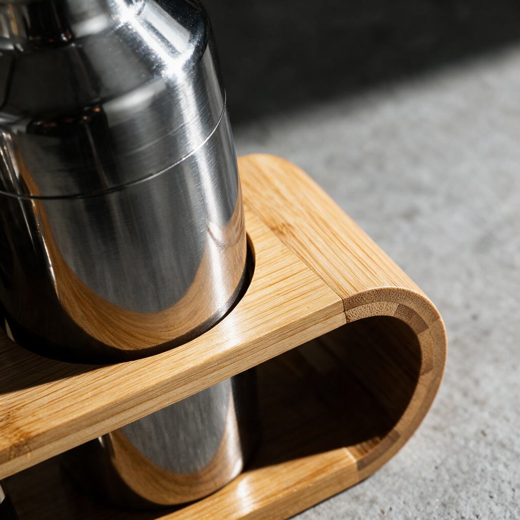 Close-up of the shaker sitting in the bamboo frame