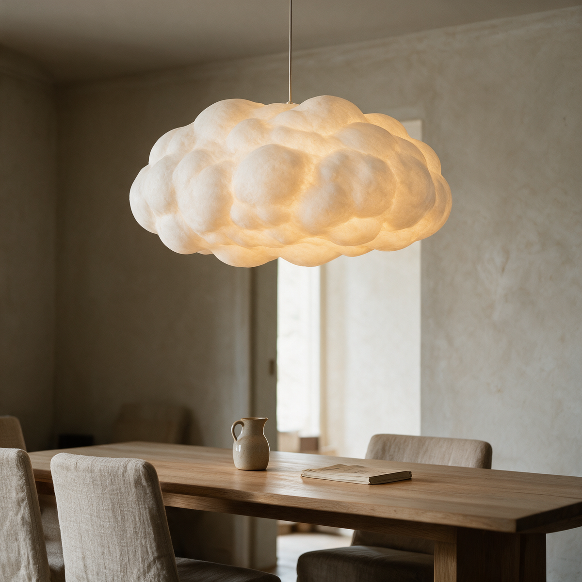 Drift cloud pendant lit above a dining table
