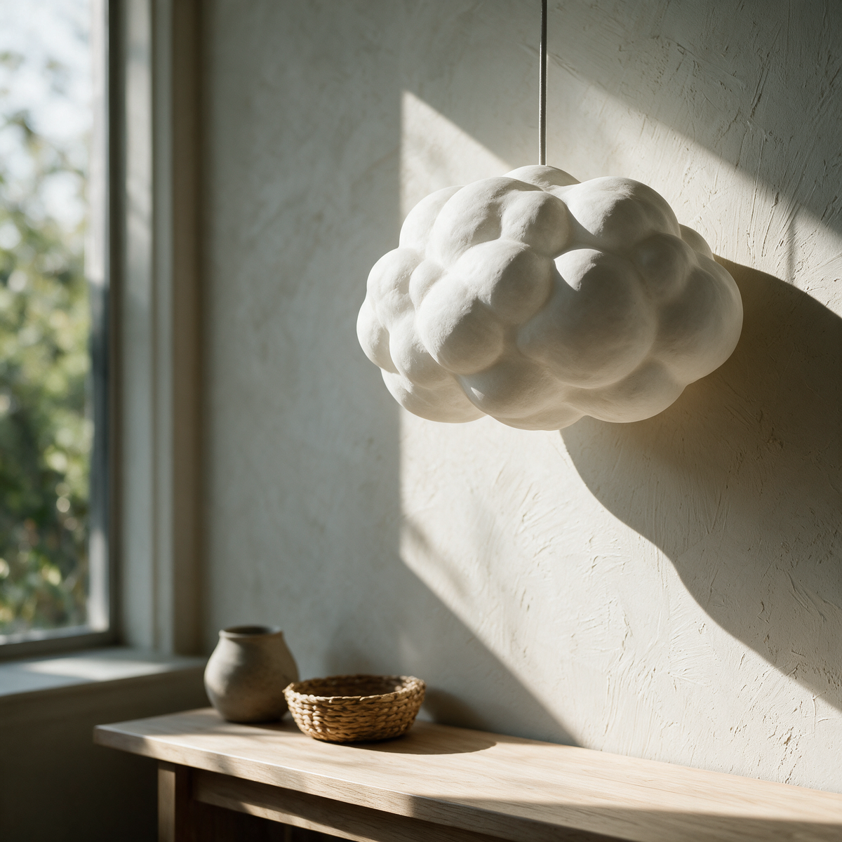Drift cloud pendant unlit in daylight against a plaster wall