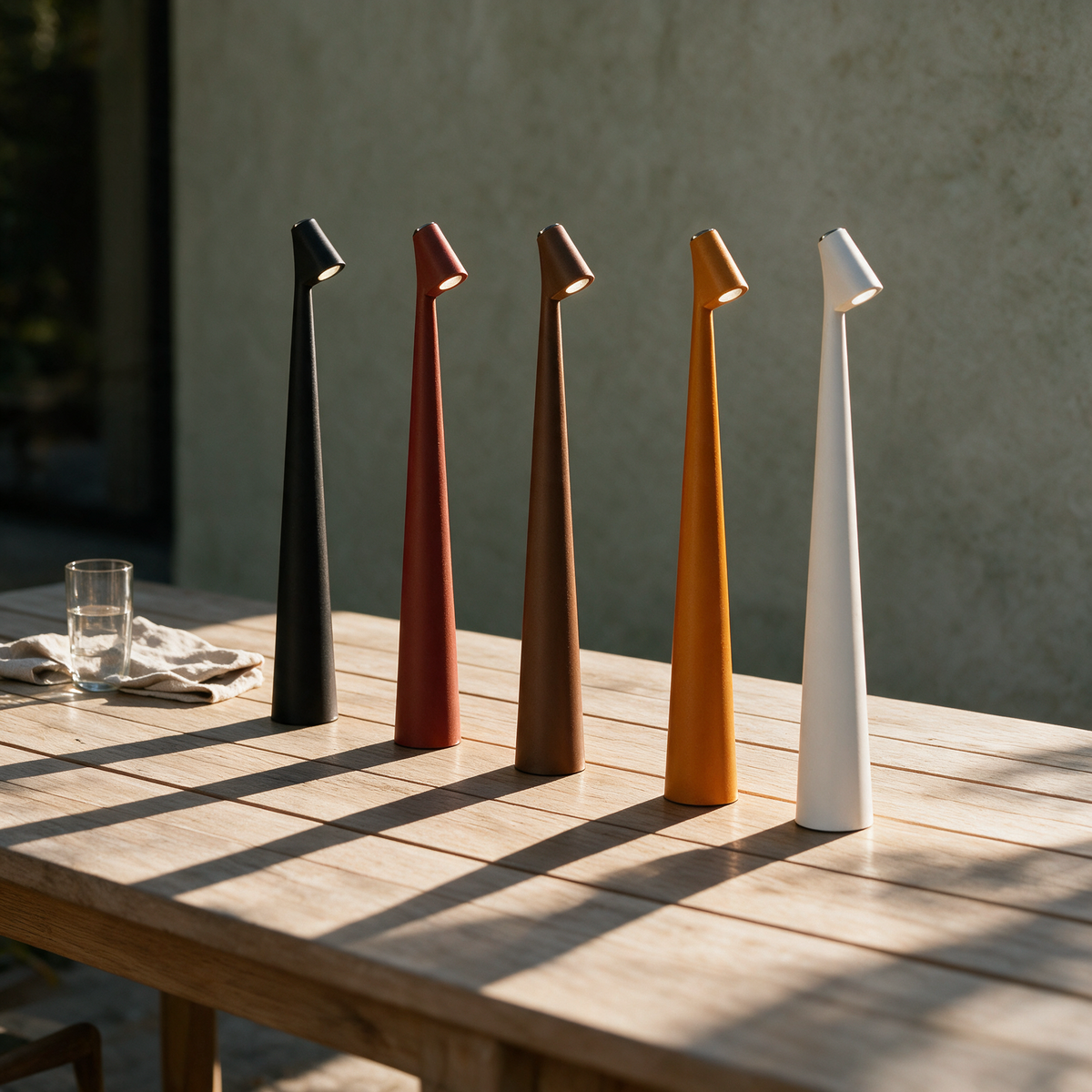 Tarn shown in all five colours on an outdoor table