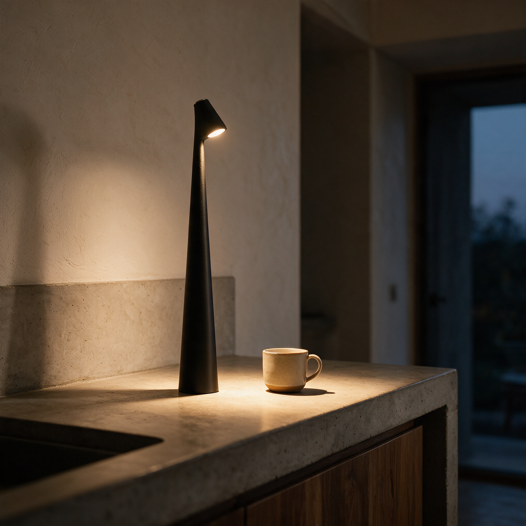Tarn lamp casting a defined pool of light on a kitchen bench