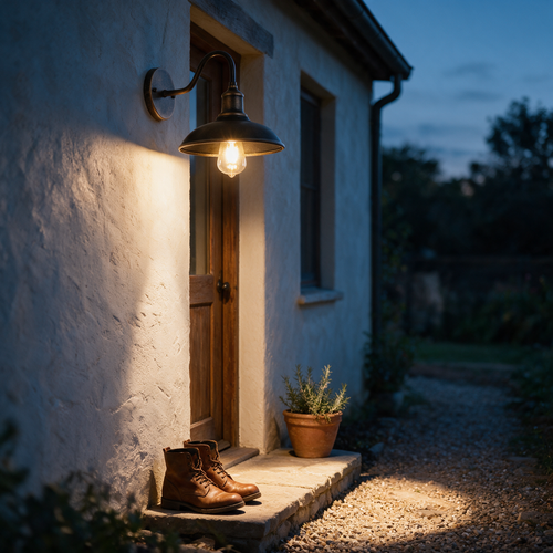 Barrow barn light lit above a side door at dusk