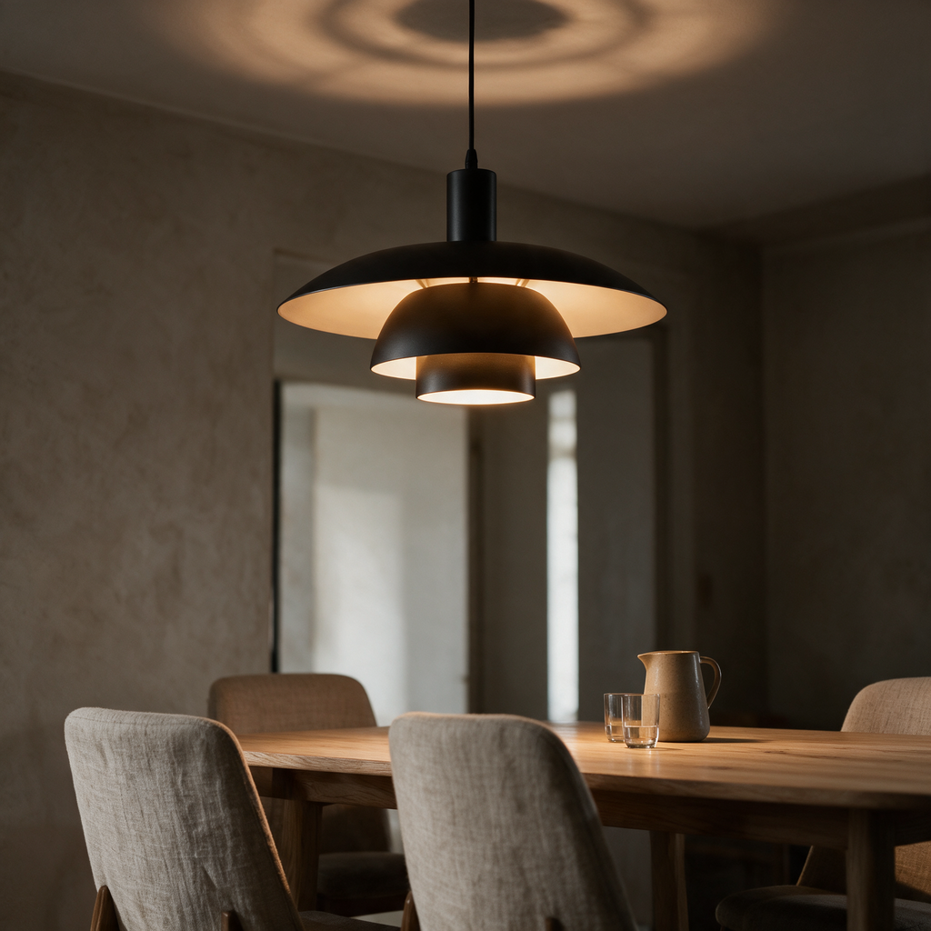 Weald tiered cone pendant lit above a dining table