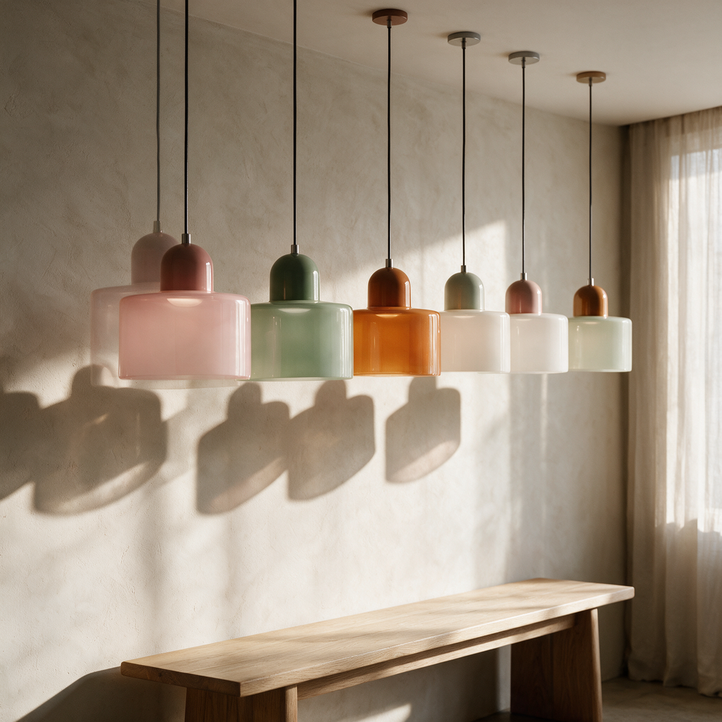 Six Fable colour combinations hung in a row